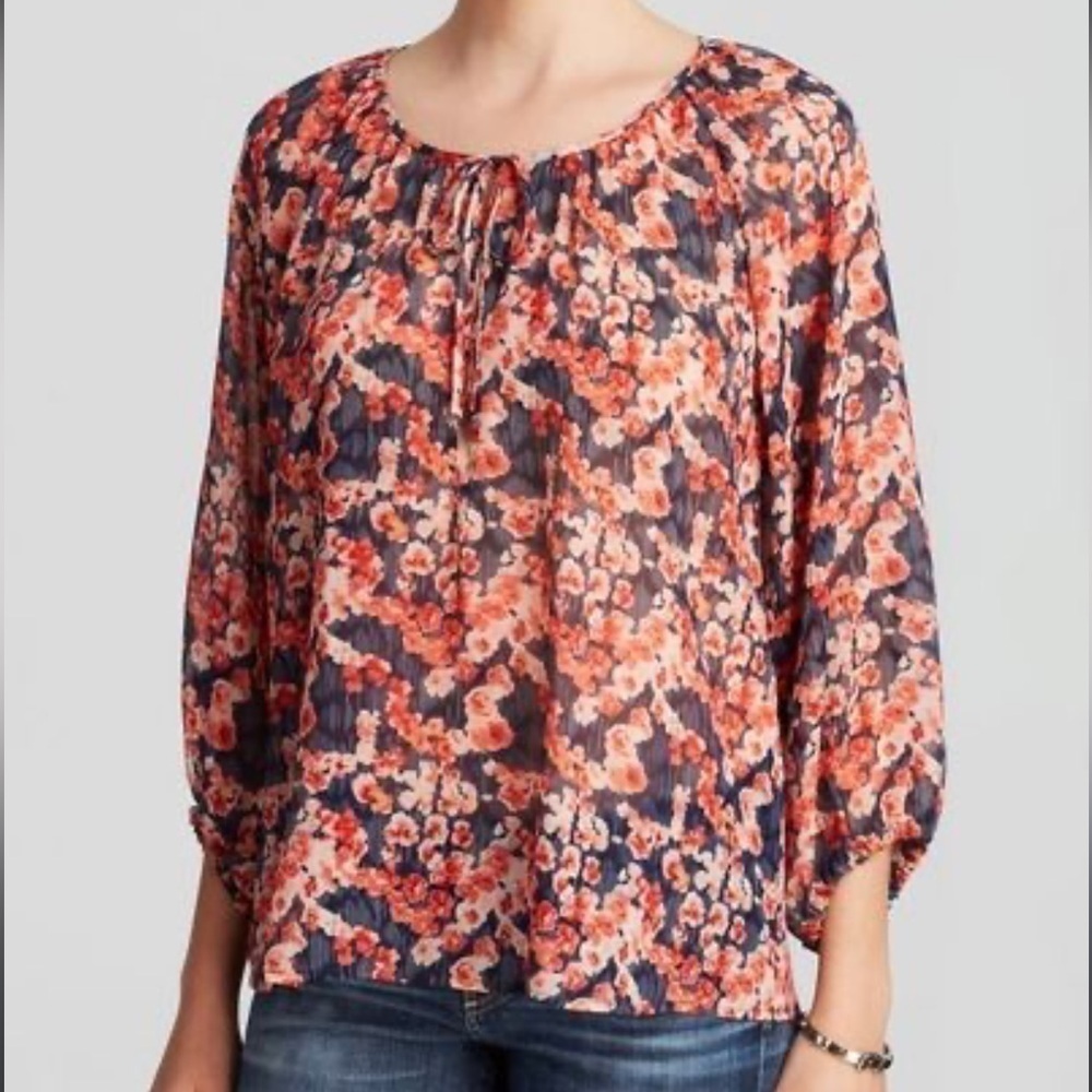 JOIE Rochan Whimsical Floral Silk Long Sleeve Watercolor Blouse Tie Neck Size XS